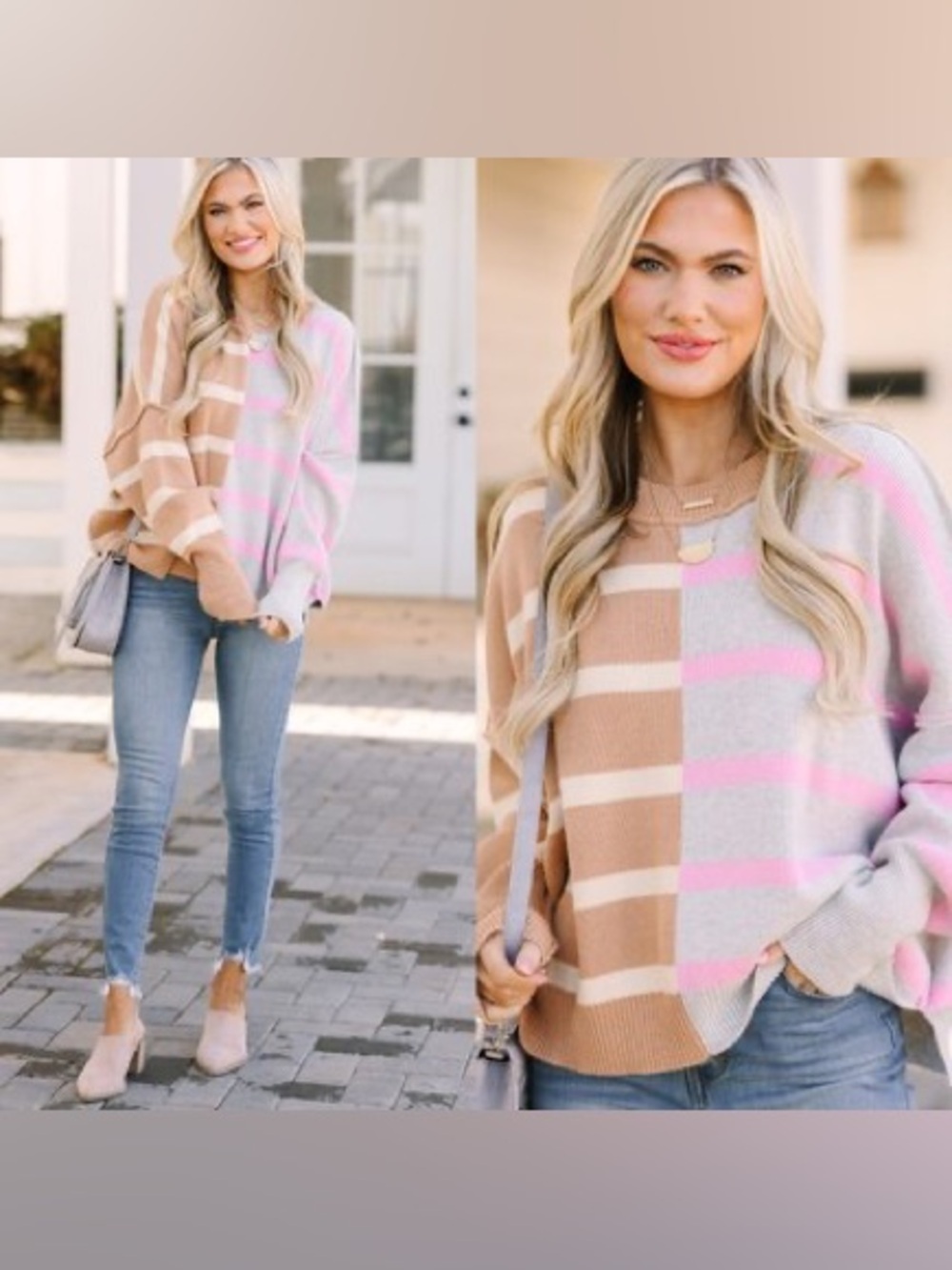 Shop The Mint Give You Joy Brown/Grey Striped Sweater Size L